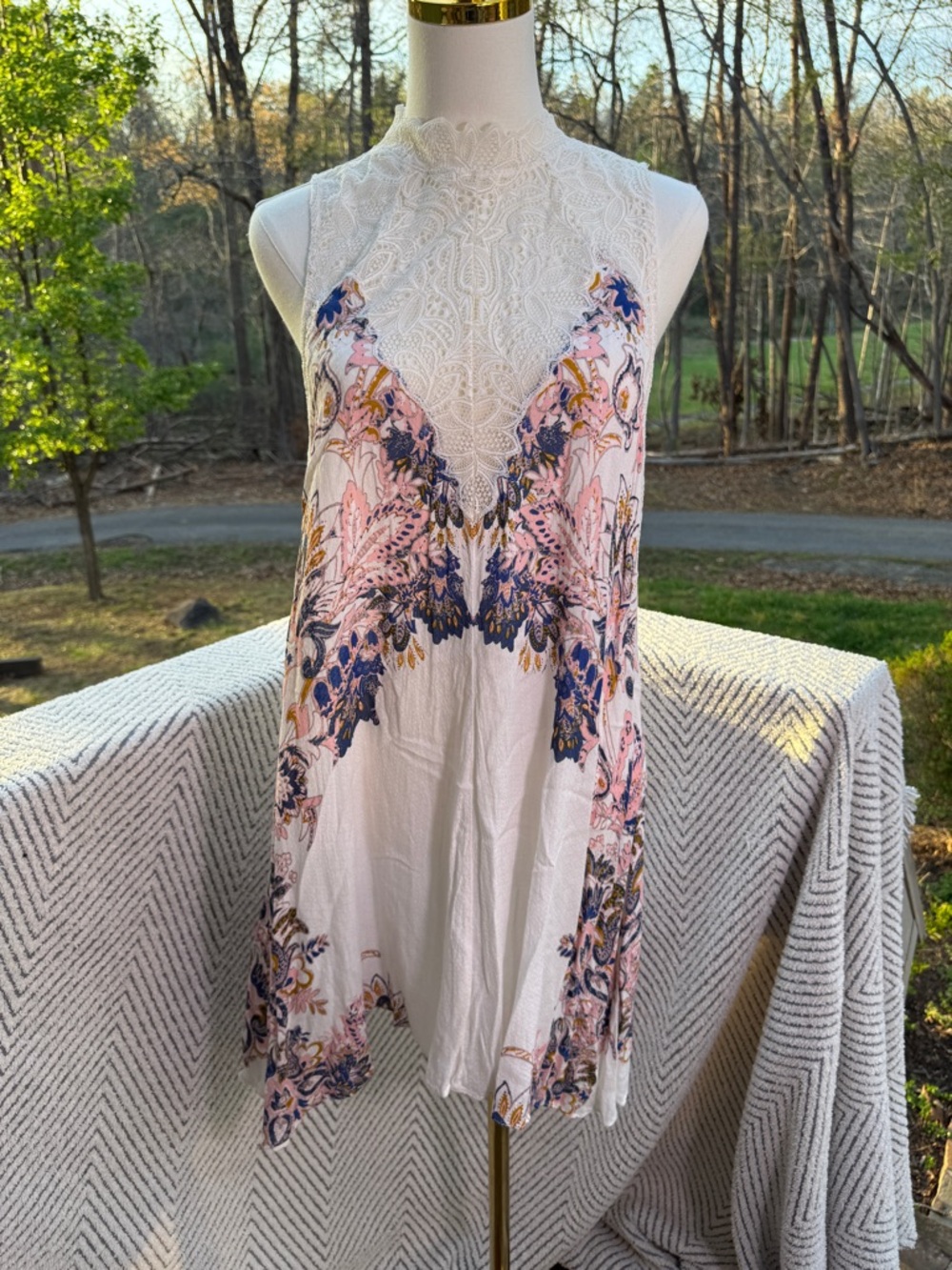 Free People Marsha Lace Mini Dress Medium Boho Floral High Neck Flowy Oversized - Picture 2 of 9